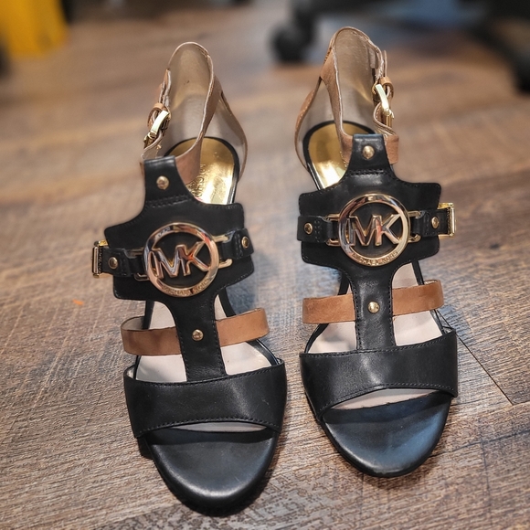 Michael Kors Black and Brown Heeled Sandals - Picture 1 of 8